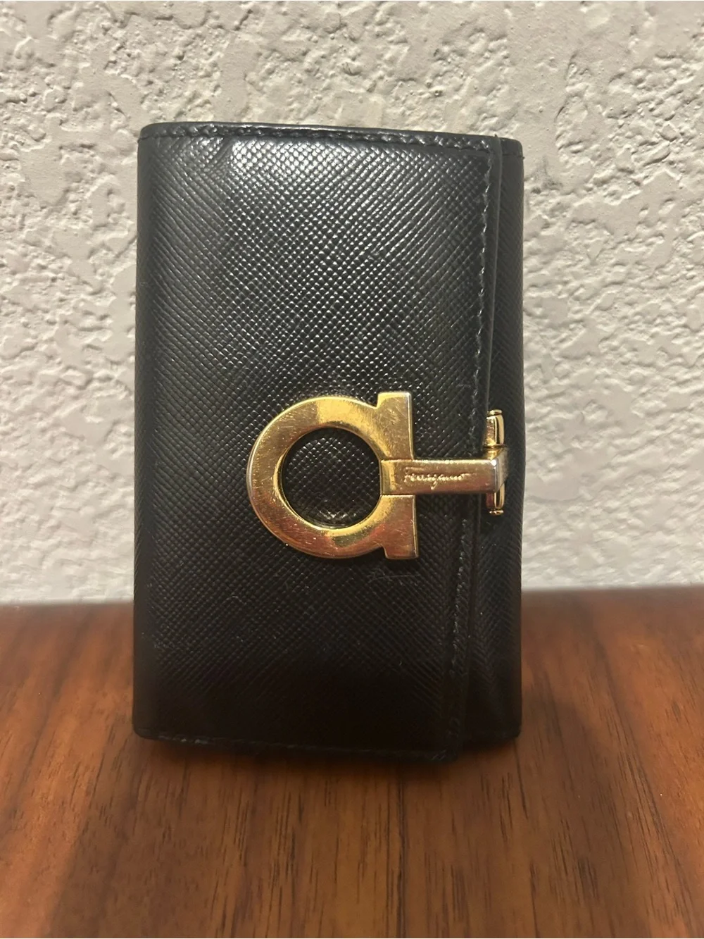 Salvatore Ferragamo Black Leather Key & Card Holder with Gold Gancini